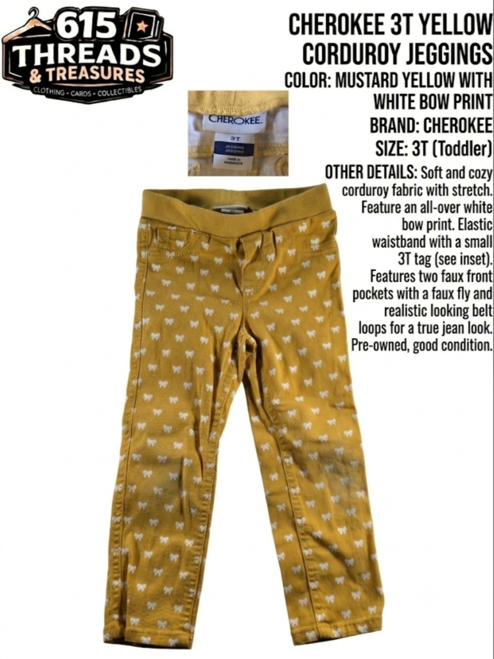 Cherokee Toddler Corduroy Jeggings - Mustard Yellow with White Bow Print, 3T